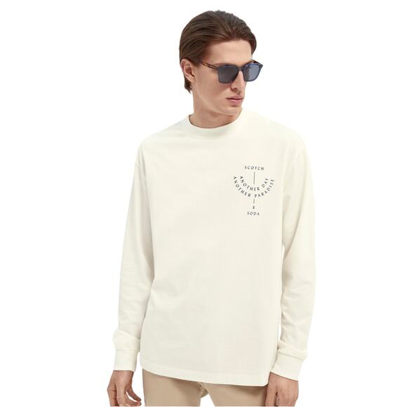 SCOTCH & SODA Mens Cream Long Sleeve Organic Cotton Artwork T Shirt Size Large - Picture 1 of 4